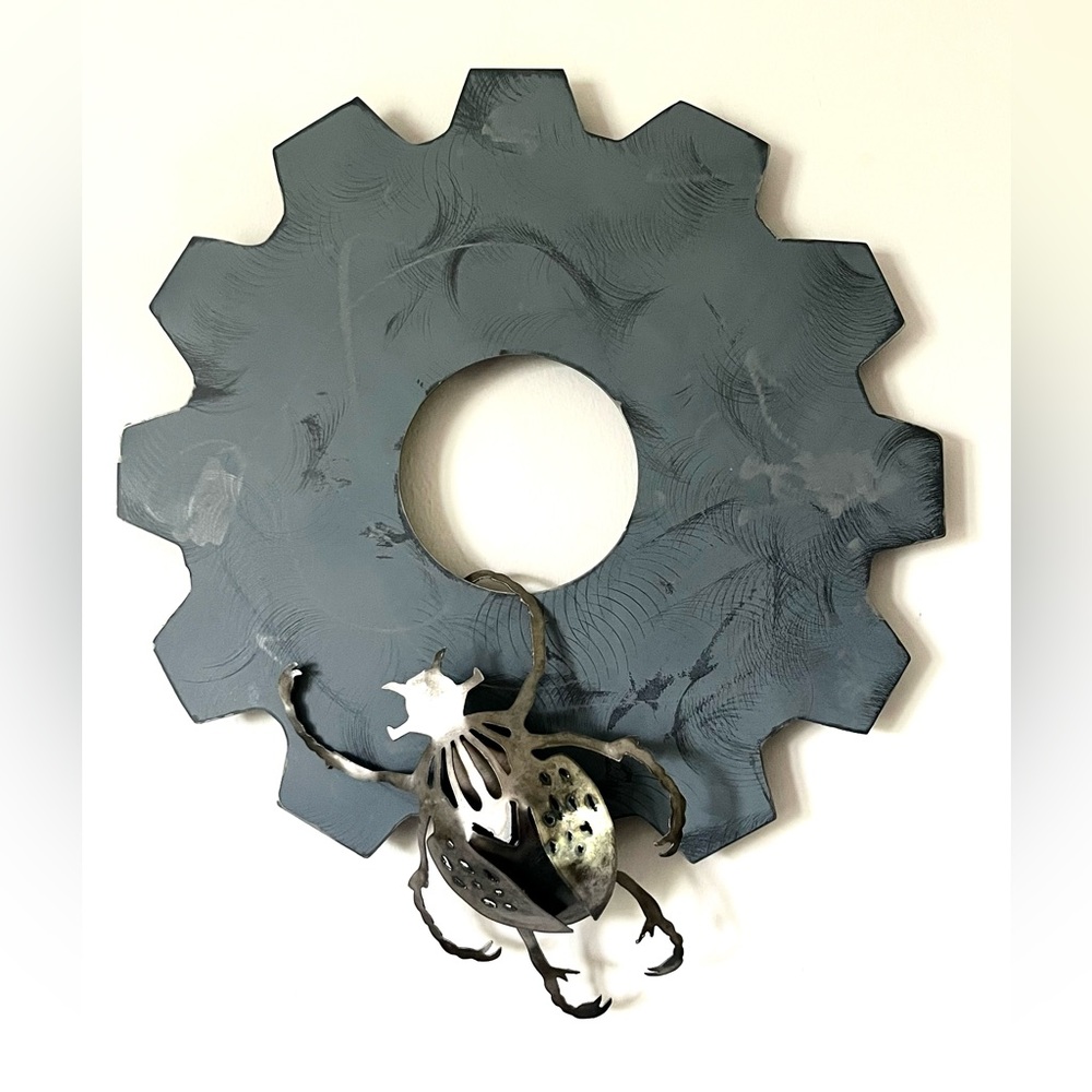 Industrial Steel Gear Wall Art with Metal Rhino Beetle Sculpture Hand Crafted